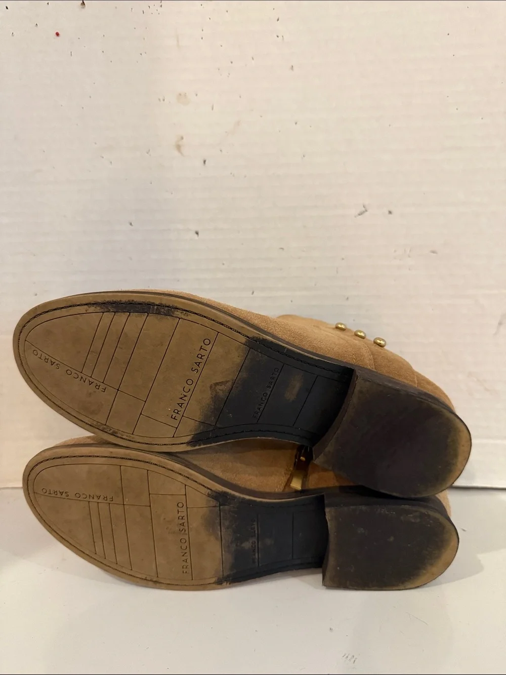 Franco Sarto Kelton Tan Suede Ankle Booties with Gold Studs (sz 9)